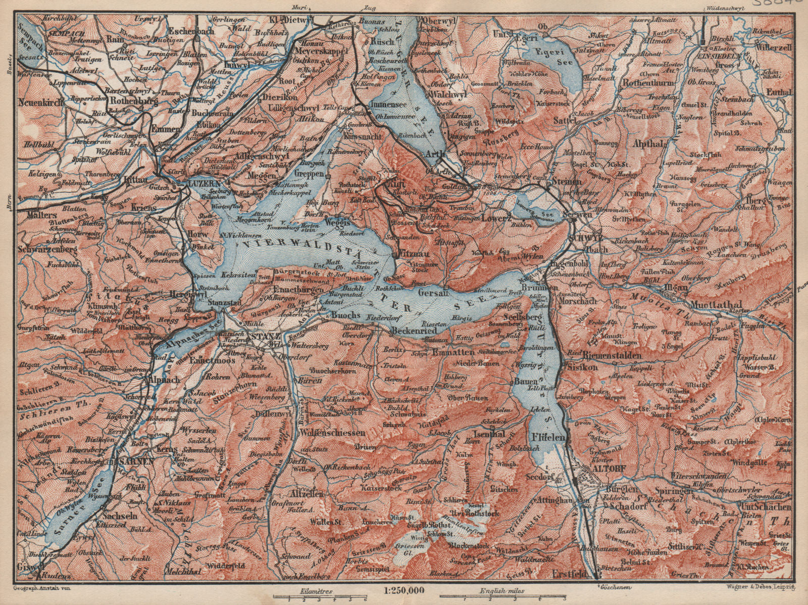LAKE LUCERNE. Vierwaldstättersee. Luzern Engelberg Sarnen Altorf Stanz 1889 map